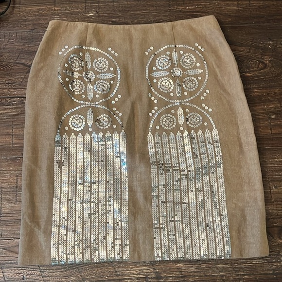 Tory Burch Linen Skirt Sequin & Rhinestone Embellished Beige Size 6 - Picture 5 of 7